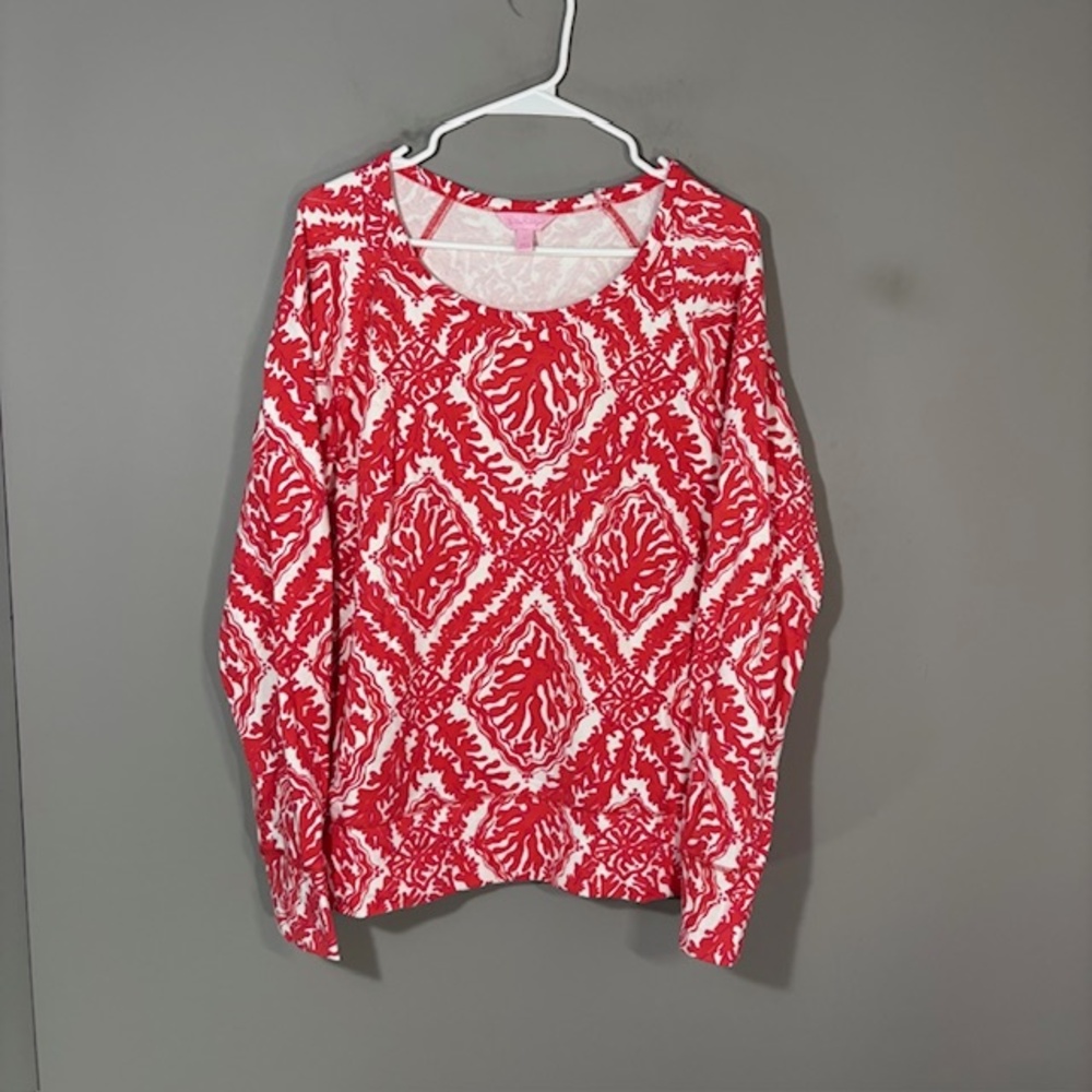 Lilly Pulitzer T-Shirt Womens Large Red Geometric Scoop Raglan Long Sleeve Top